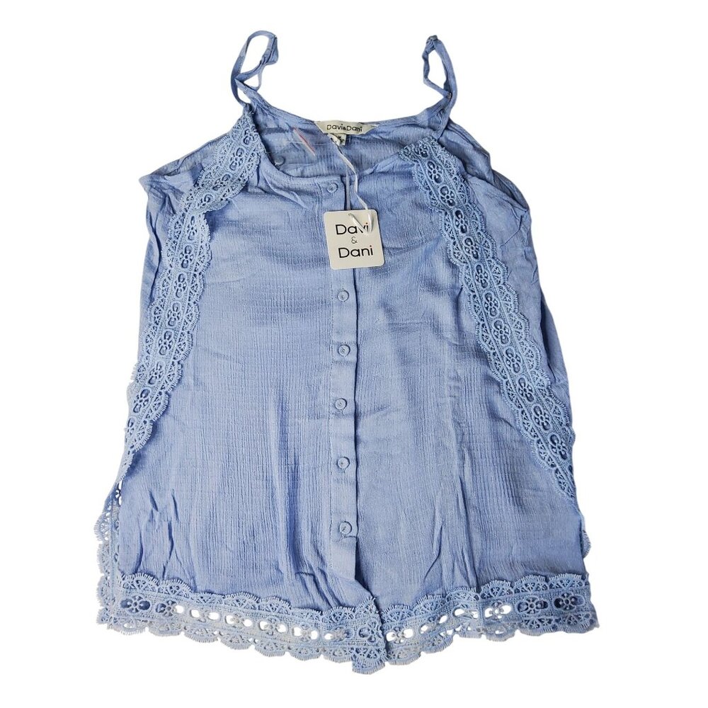 Davi & Dani Womens Lace-Trimmed Button-Front Sleeveless Top In Light Blue Small